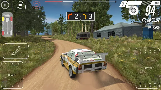 CarX Rally: a white rally car on a narrow forest track with pace notes on screen