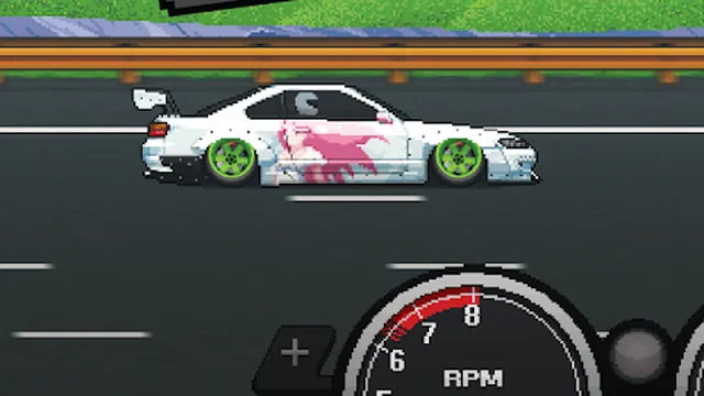 Pixel Car Racer: a pixel-art coupe on the cruise lane above a large rev counter