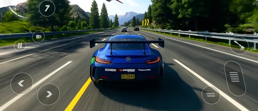 Rally Horizon: a blue coupe running a wide sealed road between pine trees