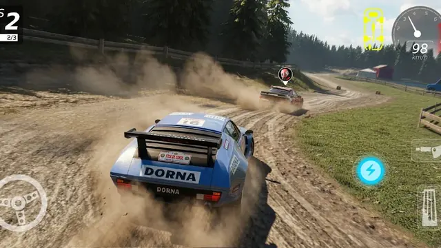 Rally One: a blue rally car sliding through a dusty gravel hairpin