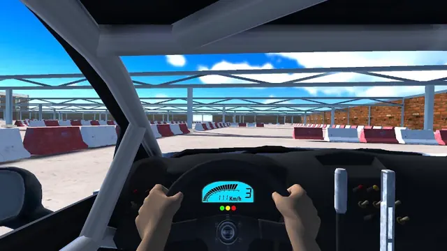 Rally Racer Dirt: cockpit view with both hands on the wheel and a digital dash