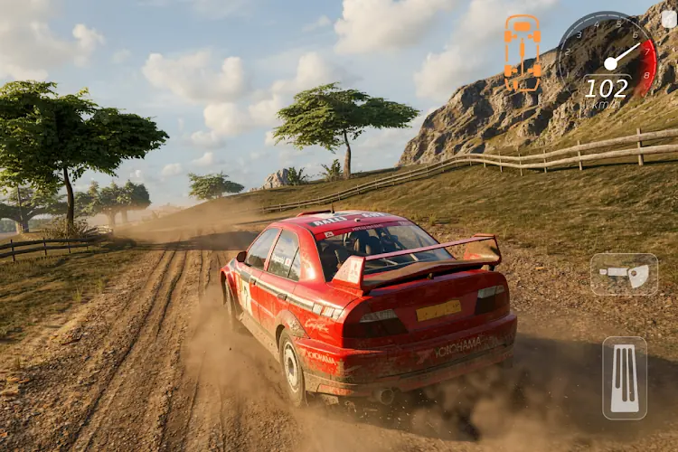 Rally car sliding through a dry gravel corner with the stage timer and steering widget on screen